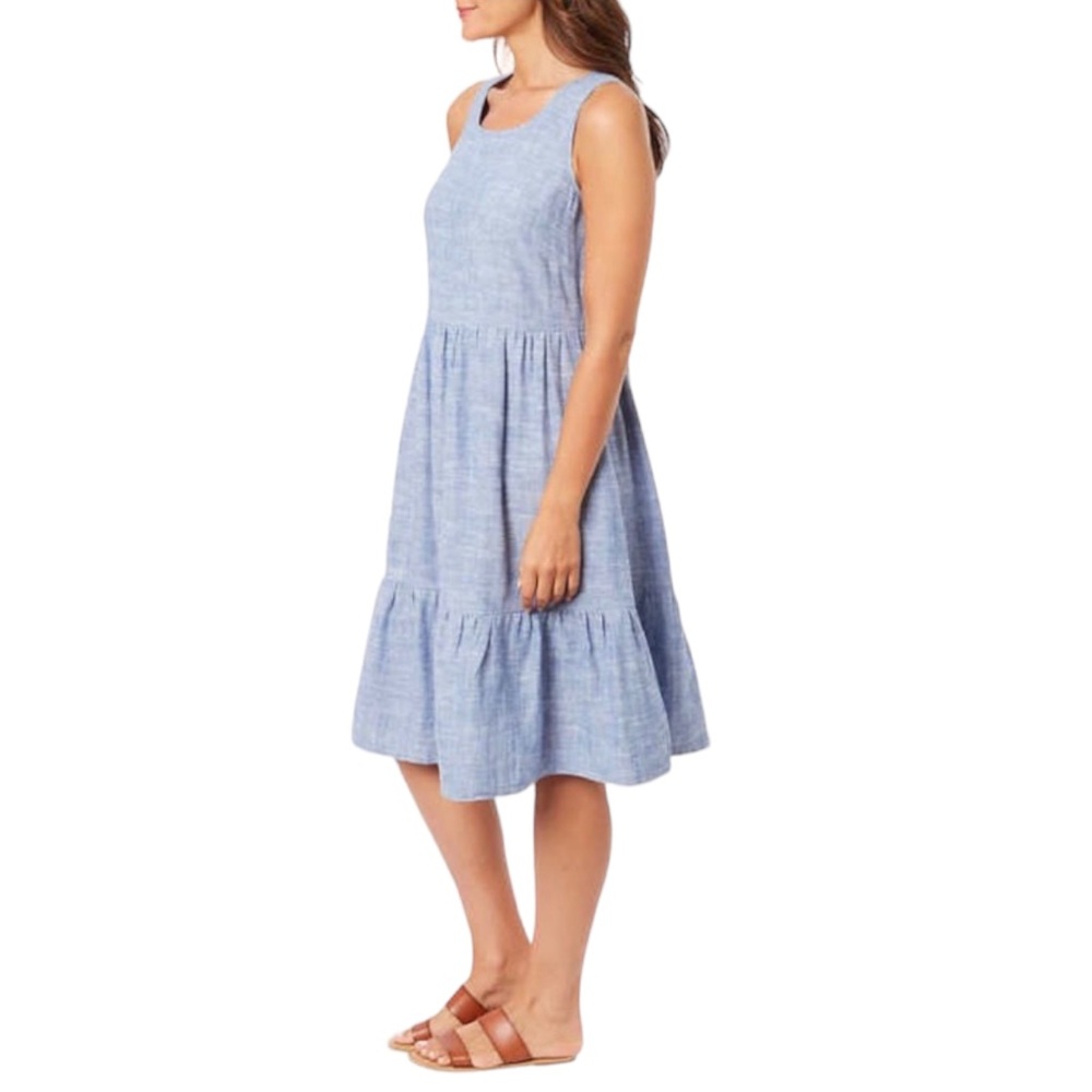 Briggs Women's sleeveless blue linen tiered ruffle dress, Sz L - Picture 3 of 15